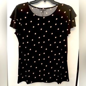 Adrianna Papell Double Flutter Sleeve. Polka dots are cream and blush pink.